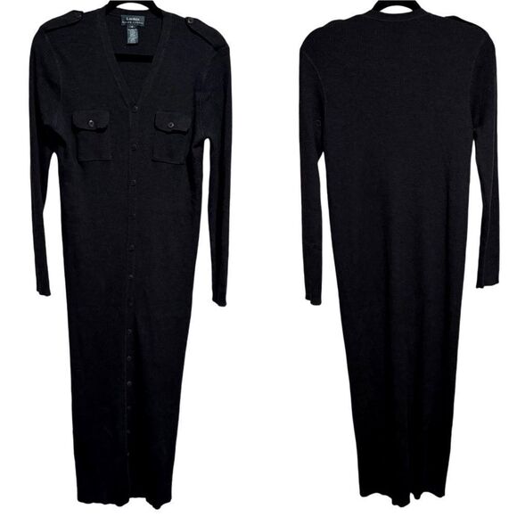 LRL- 100% Merino Wool Charcoal Grey Ribbed Button Front Maxi Dress, Size Medium - Picture 1 of 9